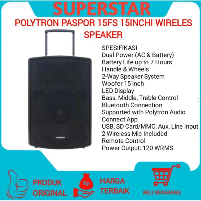 Speaker Polytron Paspro 15FS 15inch Wireles Speaker