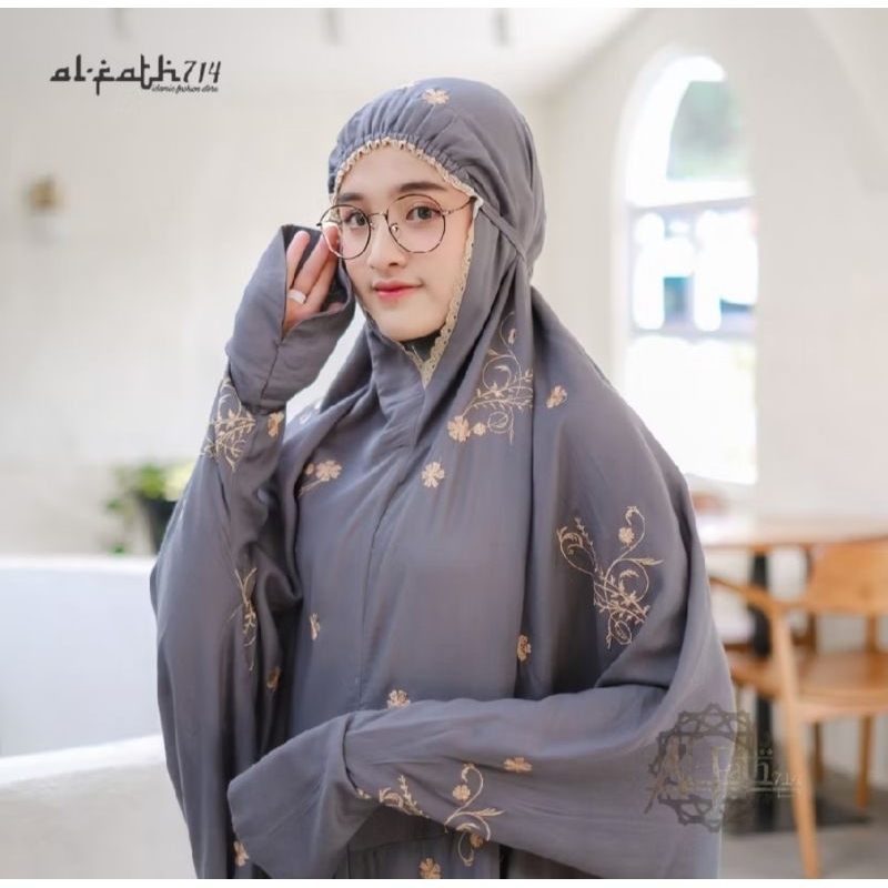 Mukena Terusan Bordir Bunga Melody Rayon Timbul Lajuran Dewasa