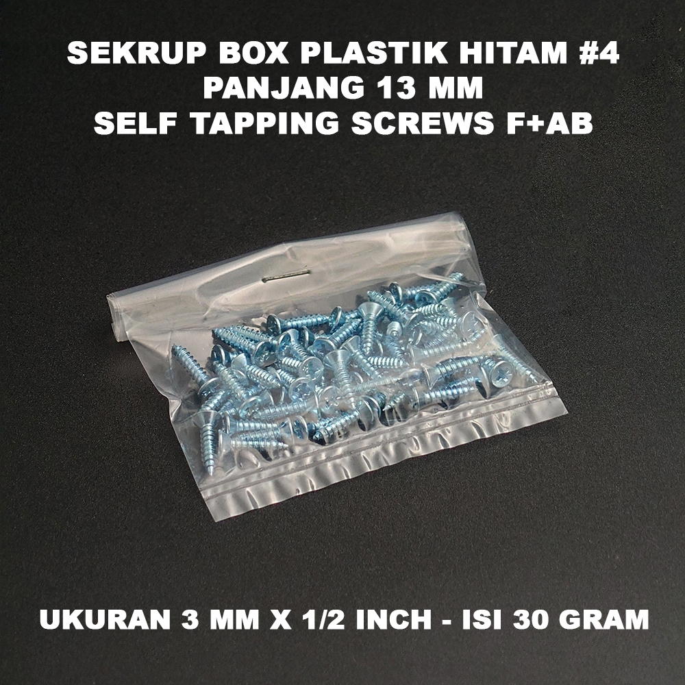 Sekrup Box Plastik Hitam #4 Panjang 13 mm - Self Tapping Screws F+AB ukuran 4 x 1/2 Inch - Isi 30 Gr
