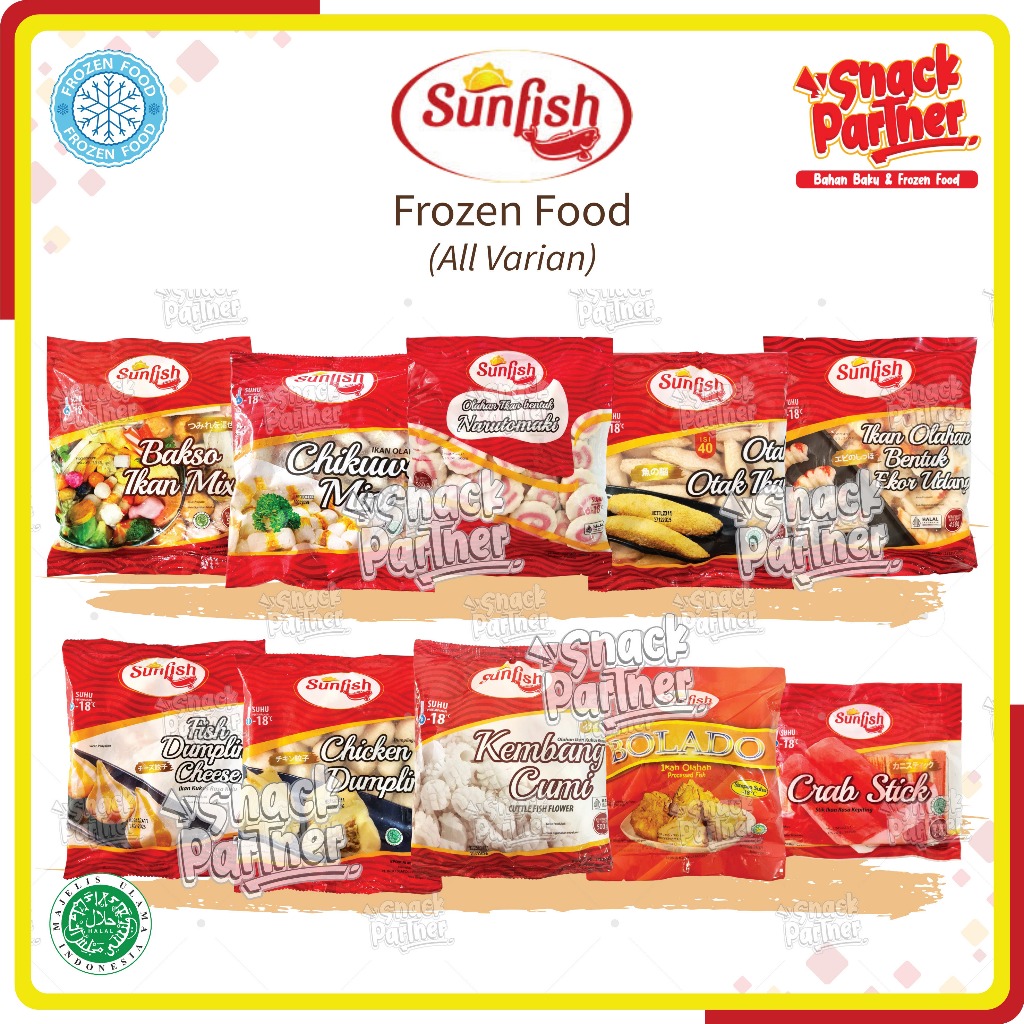 

SUNFISH | FROZEN FOOD - Crab Stick Stik Ikan Rasa Kepiting Chikuwa Mini Fish Ball Bakso Mix Narutomaki Naruto Dumpling Chicken Cheese Ayam Keju Otak-Otak Lancip Ekor Udang Sun Fish Kembang Cumi Bolado Ekado