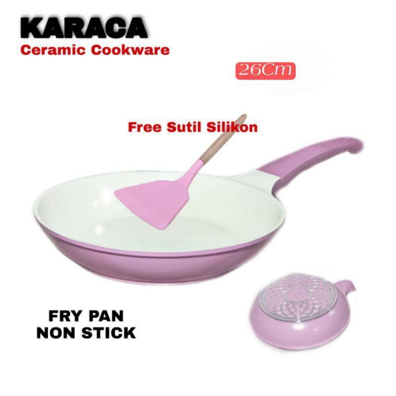 Wajan Penggorengan Keramik Putih Anti Lengket 26Cm Free Spatula Karaca Frypan Non Stick Warna Pink