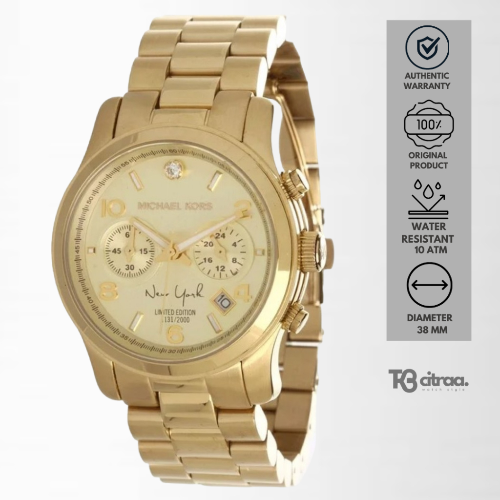 jam tangan fashion wanita michael kors analog strap rantai gold chronograph water resistant limited 