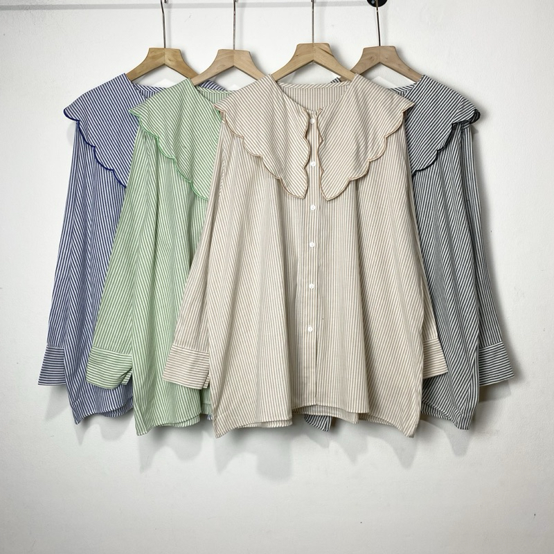 Sonia Blouse LD 130 Wanita Kekinian Atasan Wanita Premium Kemeja Cewek Stripe Katun Salur Kerah Coll