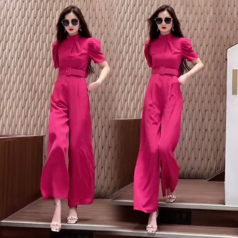Jumpsuit Wanita Lengan Pendek, Baju Terusan Kaki Lebar Ketat Pinggang Warna Polos Langsing Gaya Bara