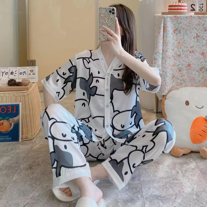 (READY) Piyama Satin Sapi Cow Lucu Baju Tidur Satin Premium Kancing Elegant Design Mewah Premium Baj