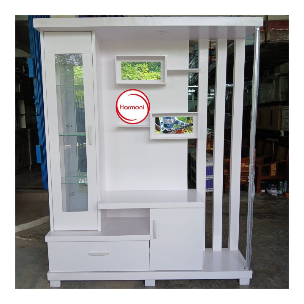 BUFET TV MINIMALIS KACA + LAMPU PAJANGAN TV MINIMALIS LEMARI TV MINIMALIS