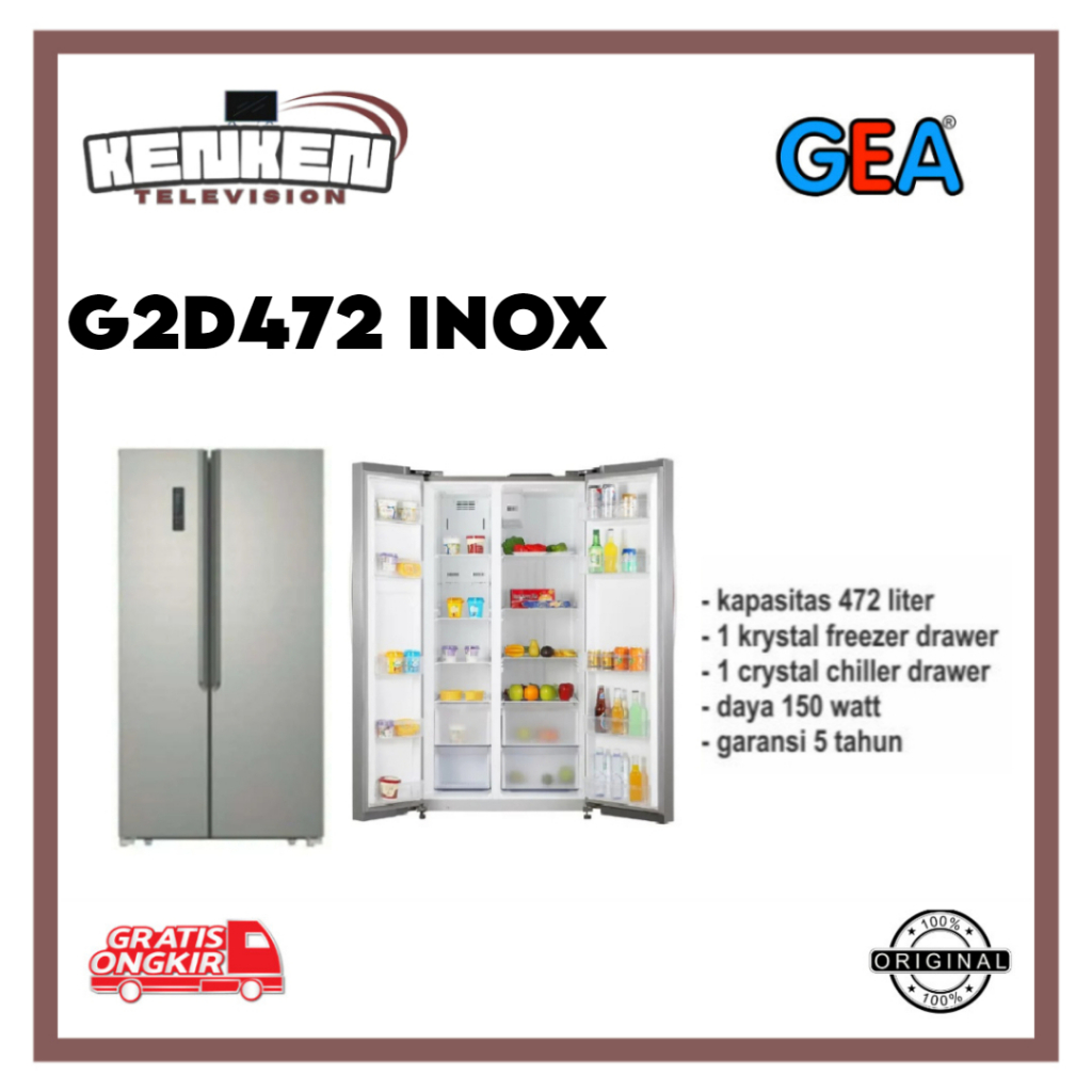 KULKAS GEA SIDE BY SIDE 2 PINTU G2D472 INOX INVERTER 472L