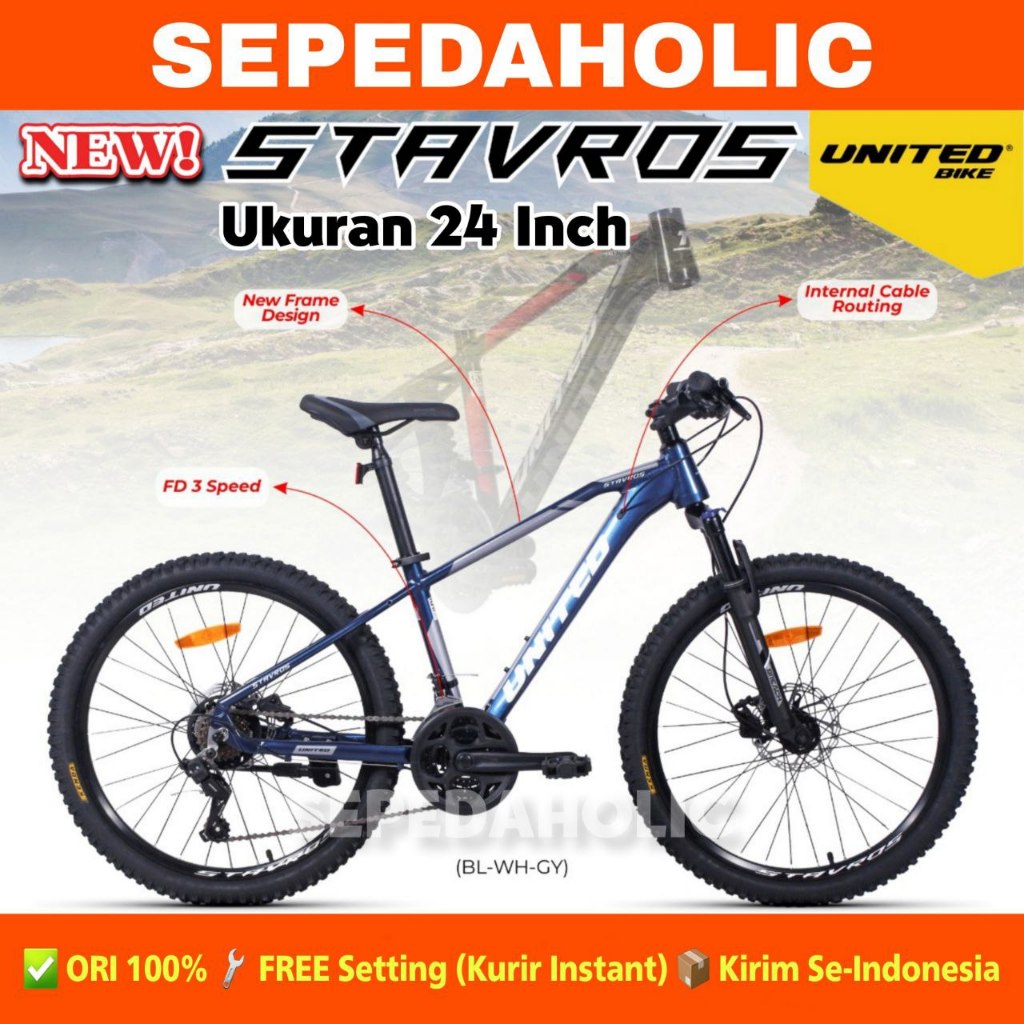 [PROMO TURUN HARGA] Sepeda Gunung MTB UNITED STAVROS 24 Inch Alloy 3x7 Speed Rem Hidrolik Garansi Re