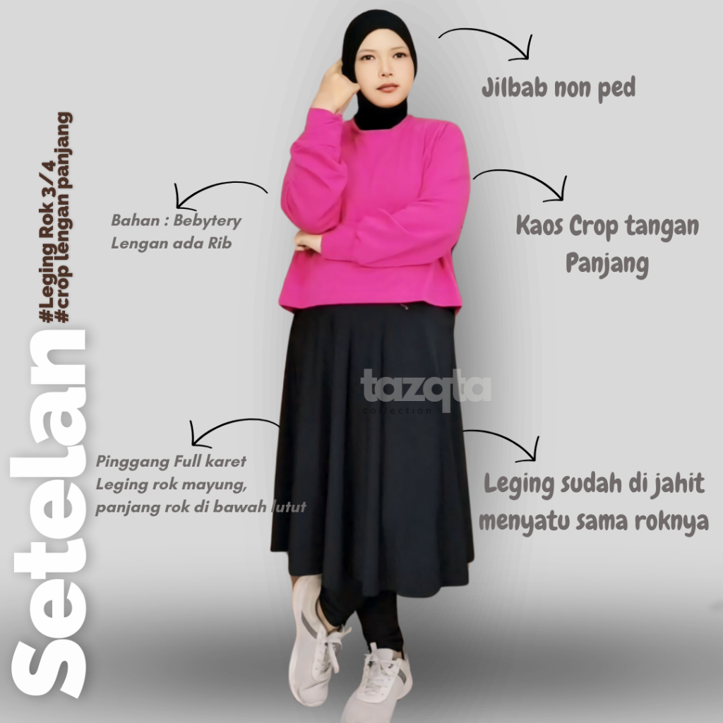 RB Setelan Olahraga TAZQTA Mix Leging & Rok Bawah Lutut Crop Kaos Tg. Panjang Legging Rok Payung