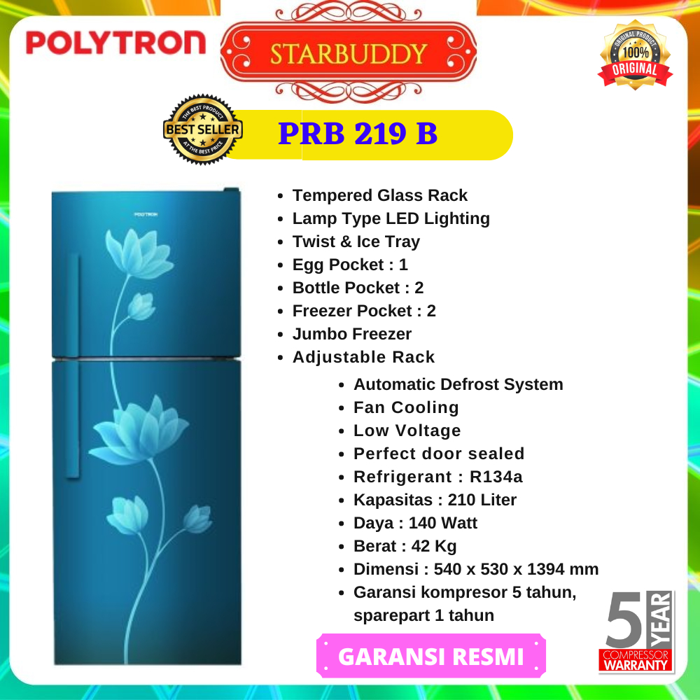 KULKAS POLYTRON PRB-219 , PRB219 2 PINTU TANPA BUNGA ES