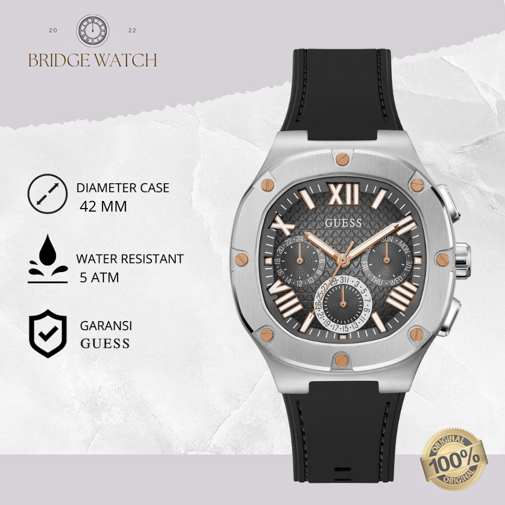 Jam Tangan Pria Guess GW0571G1 Chronograph Black Rubber Strap Hitam Tone Mewah Sporty Original