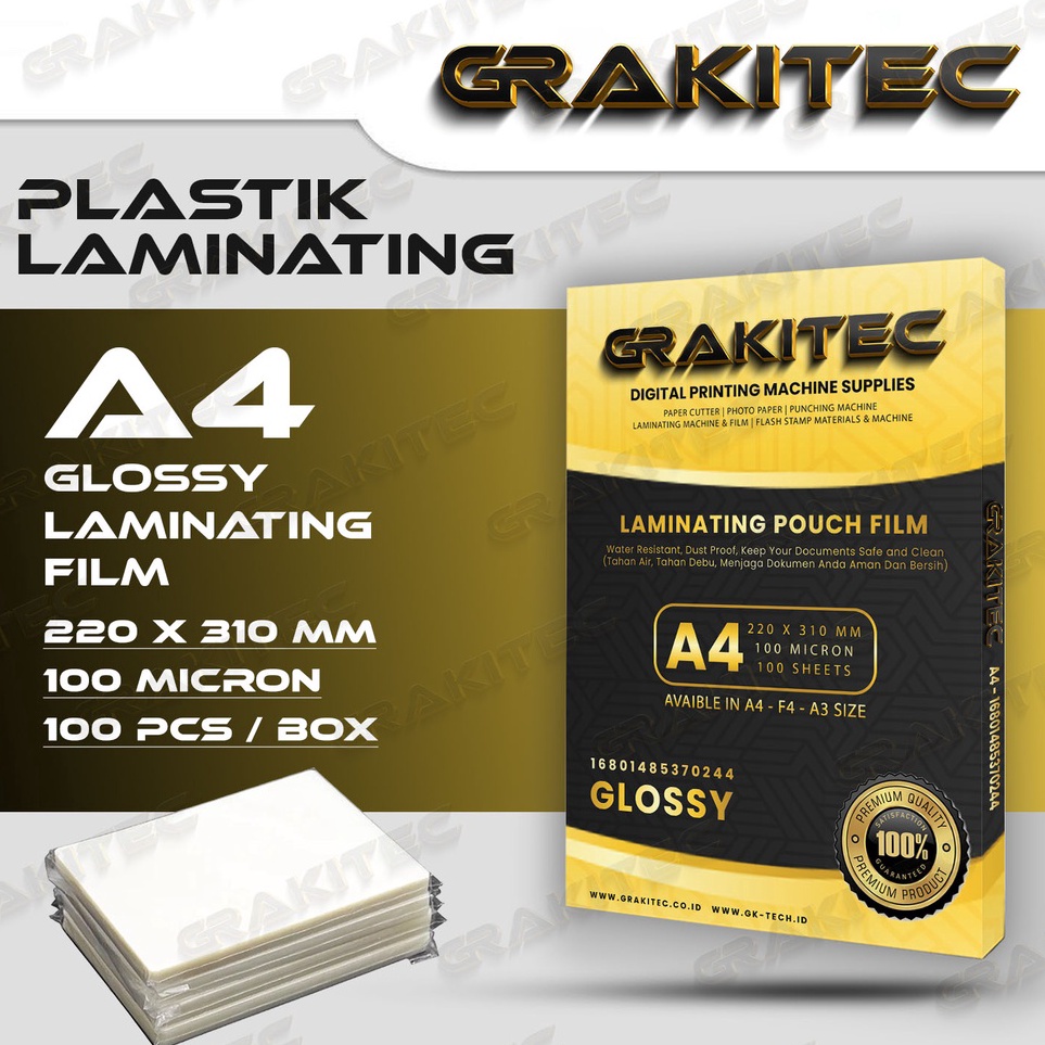 

KODE Q32V Grakitec Plastik Laminating FIlm A4 isi 1 PCS Glossy 1 MICRON