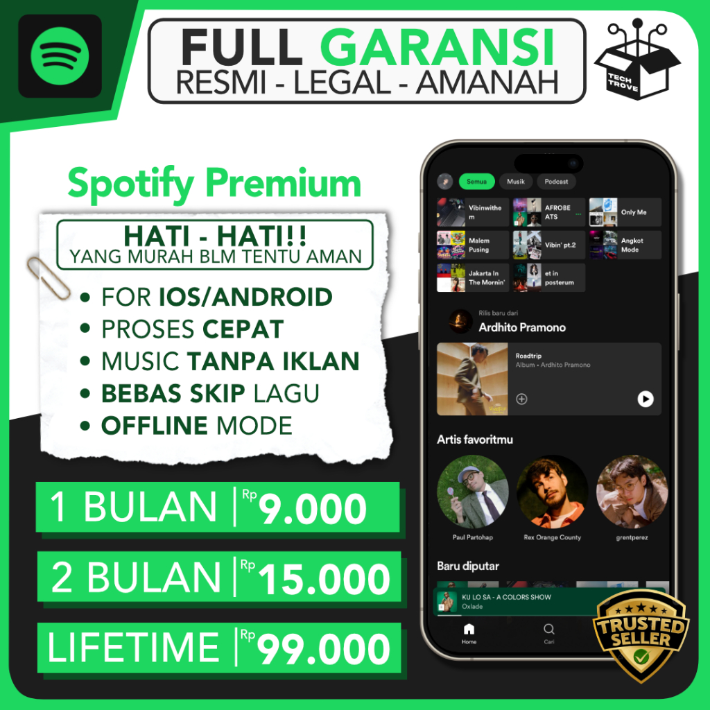 SPOTIFY PREMIUM 3 BULAN BERGARANSI Untuk All Device Laptop, IOS, Android SPO Original Paket Akun Pri