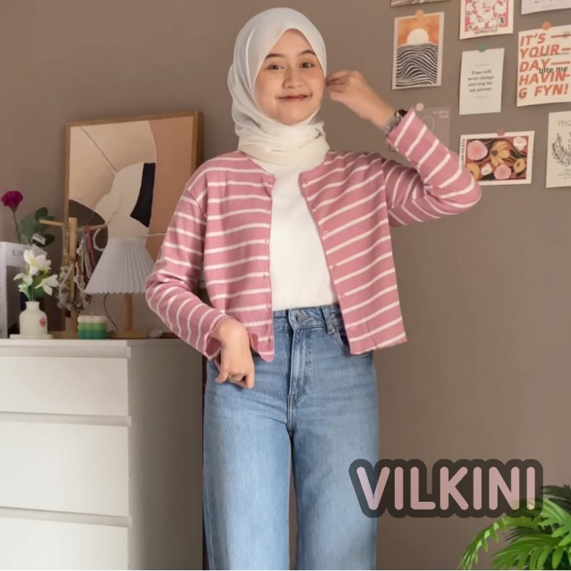 VILKINI Cardigan Salur Crop Korean Style Knit Rib Terbaru / Cardigan Stripe Rajut