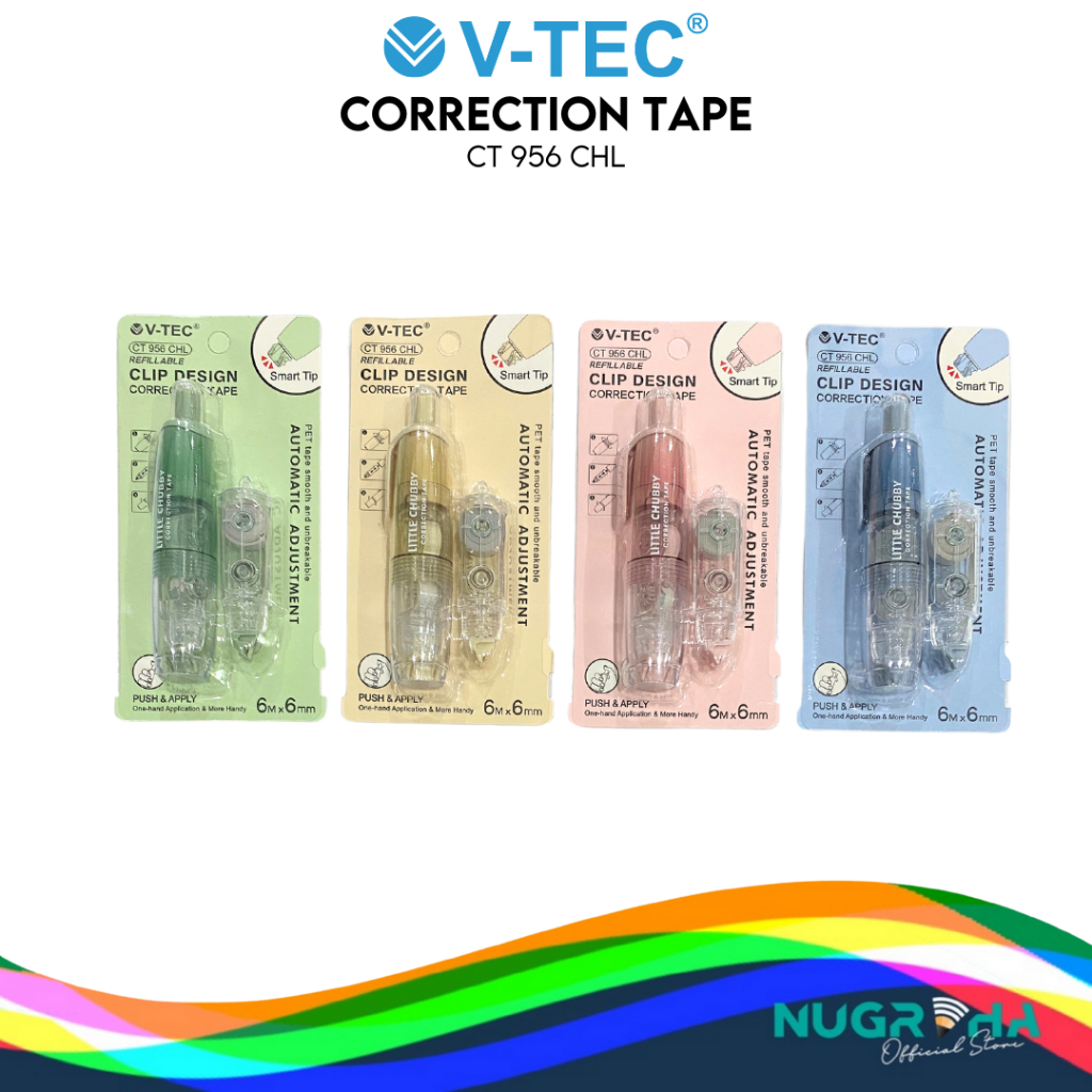 

V-TEC CT 956 CHL Correction Tape Cp Tape Tipex Kertas Kering Bisa Diisi Ulang Gratis Refill Bulat Cetek