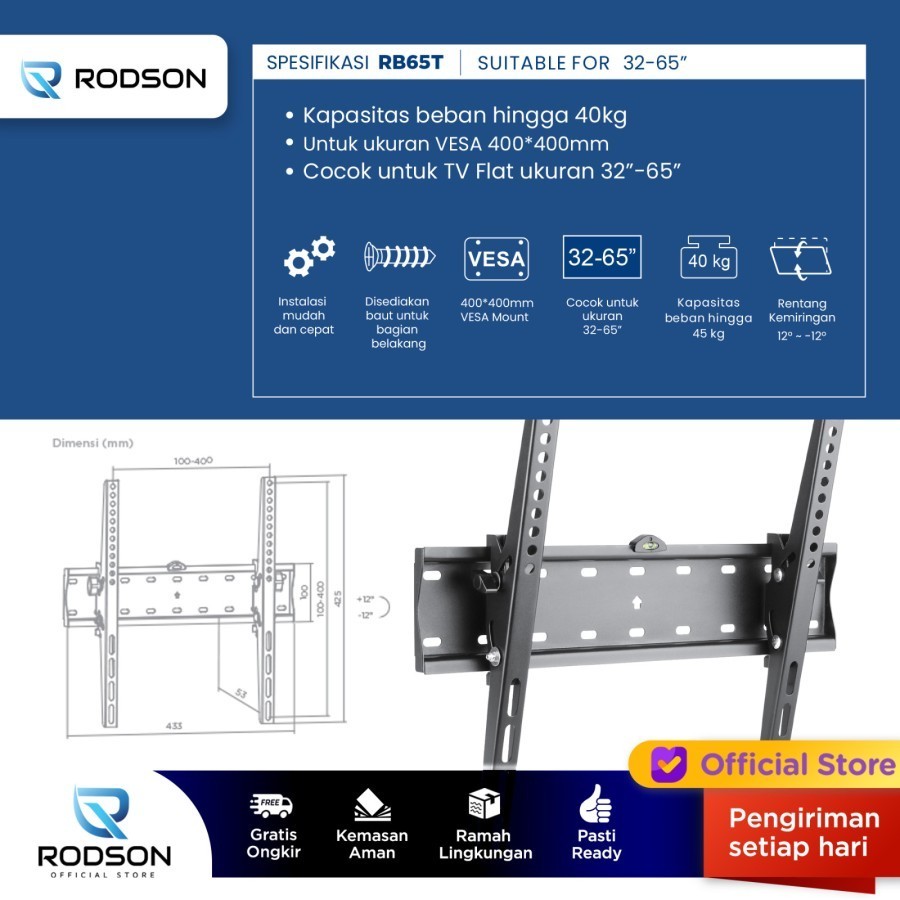 Bracket TV LED LCD Rodson RB65T 32 43 55 65 Inch Flat Panel TV Wall Mount