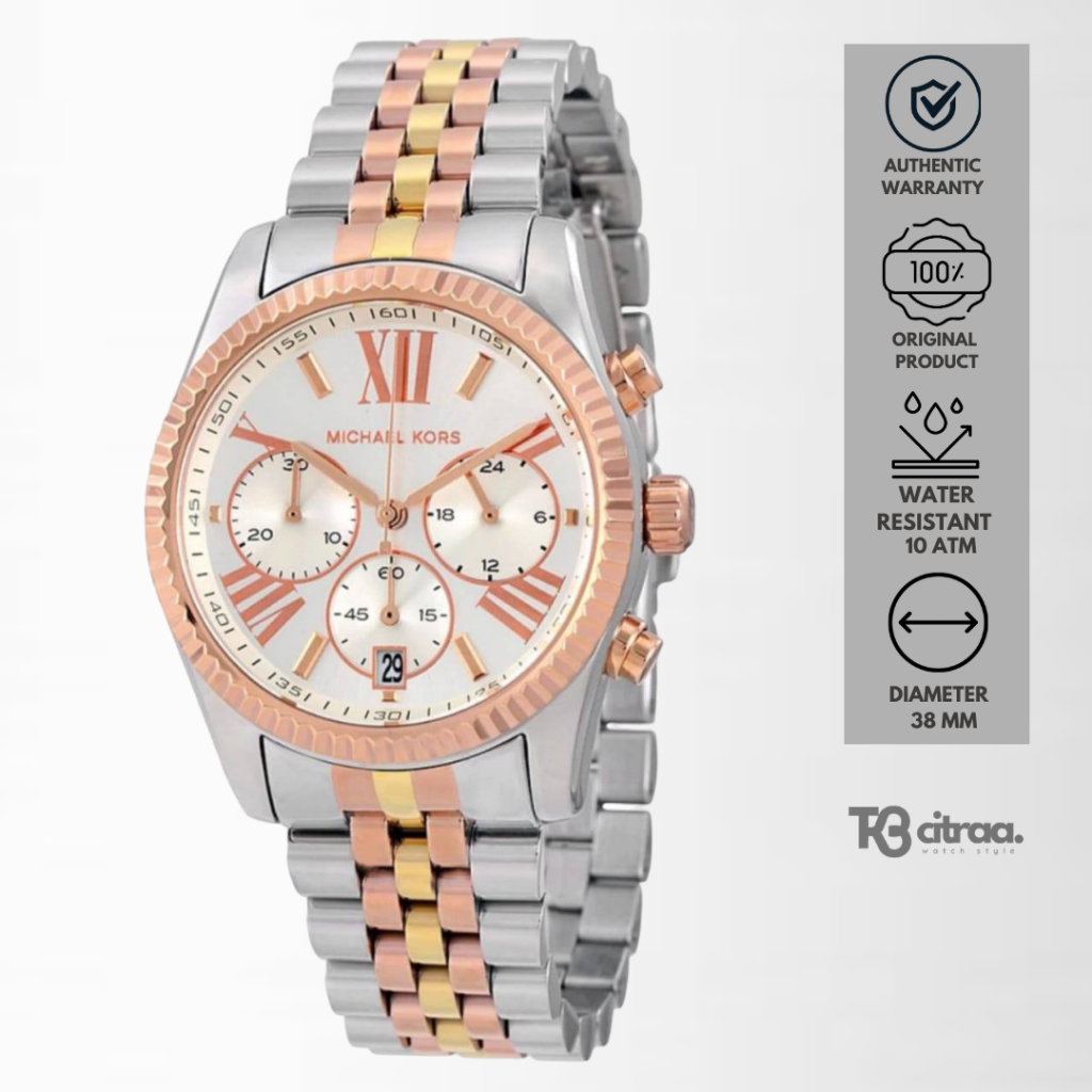 jam tangan wanita Michael Kors Lexington analog strap rantai cewek Chronograph silver combinasi stai
