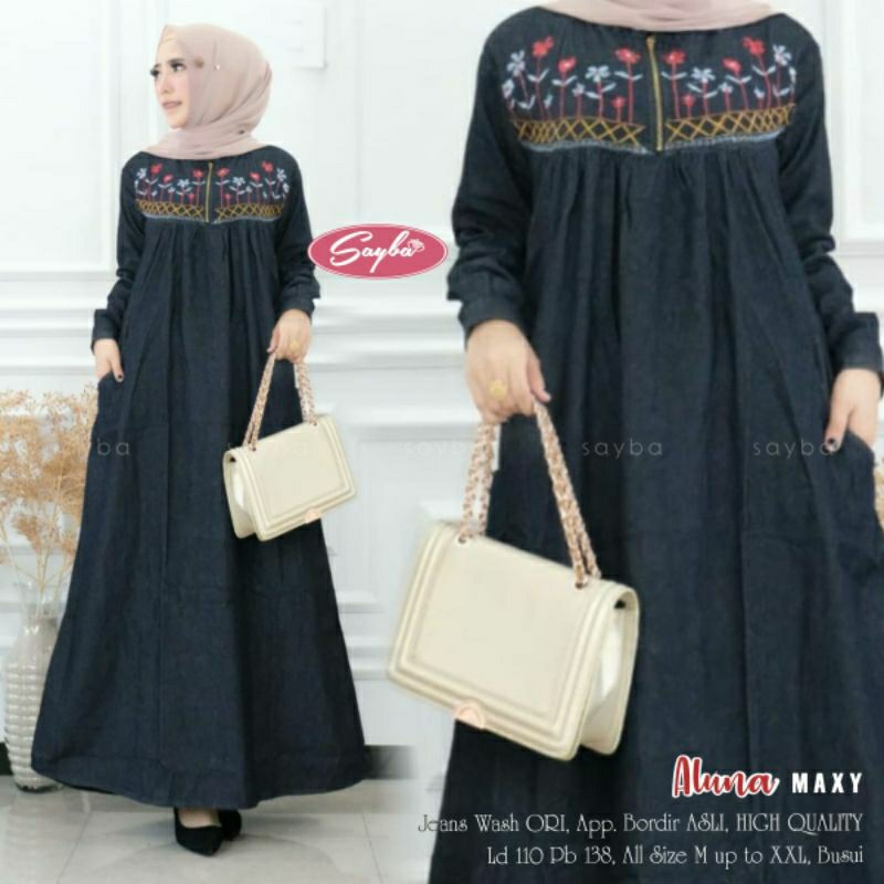 Aluna Dress Maxy Gamis Polos Hitam Jeans Bordir Bunga Ld 110 Jumbo Fit XXL By Sayba