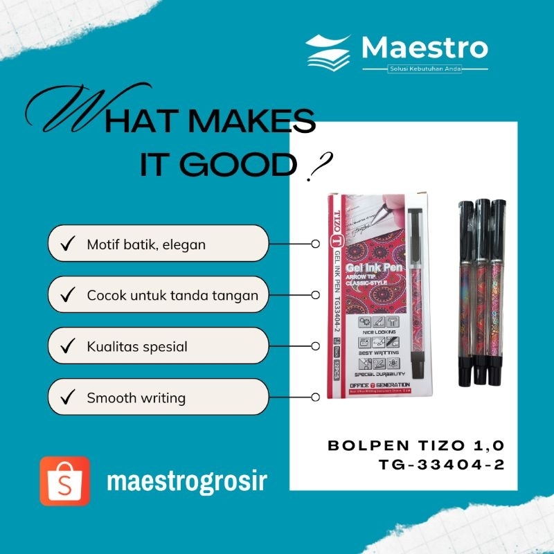 

Bolpen Gel 1.0mm / Tizo TG-33404-2 Batik / Pena Tanda Tangan Bold