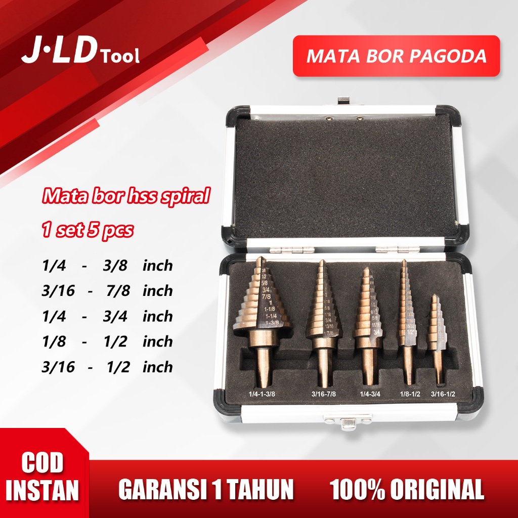 JLD Mata bor hss spiral 1set 5pcs Mata bor pagoda Untuk baja Step drill bits mata bor Multifungsi