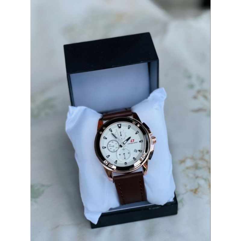 Jam tangan pria analog fashion dengan chrono aktif Swiss kulit dapat kotak