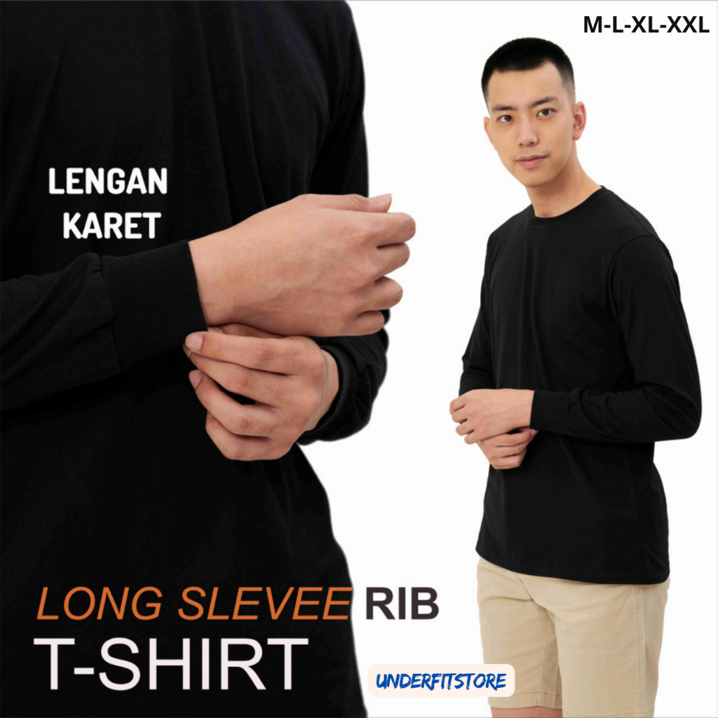 Kaos Oblong/Polos Hitam Lengan Panjang Rib/Kaos Lengan Panjang Karet Unisex Ukuran M s/d XXL