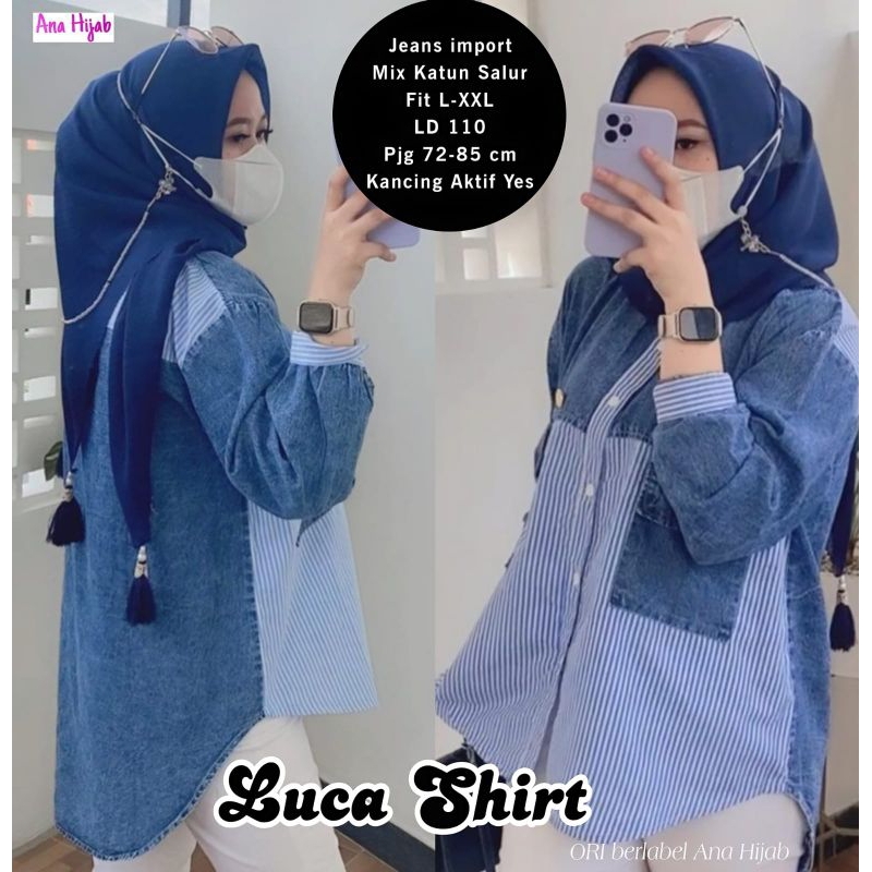 Kemeja wanita jeans kombinasi katun salur