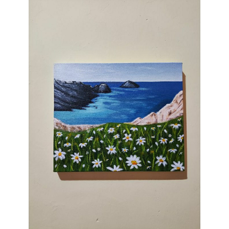 Lukisan landscape lukisan kanvas handmade pemandangan laut dan bunga aesthetic painting hiasan dindi