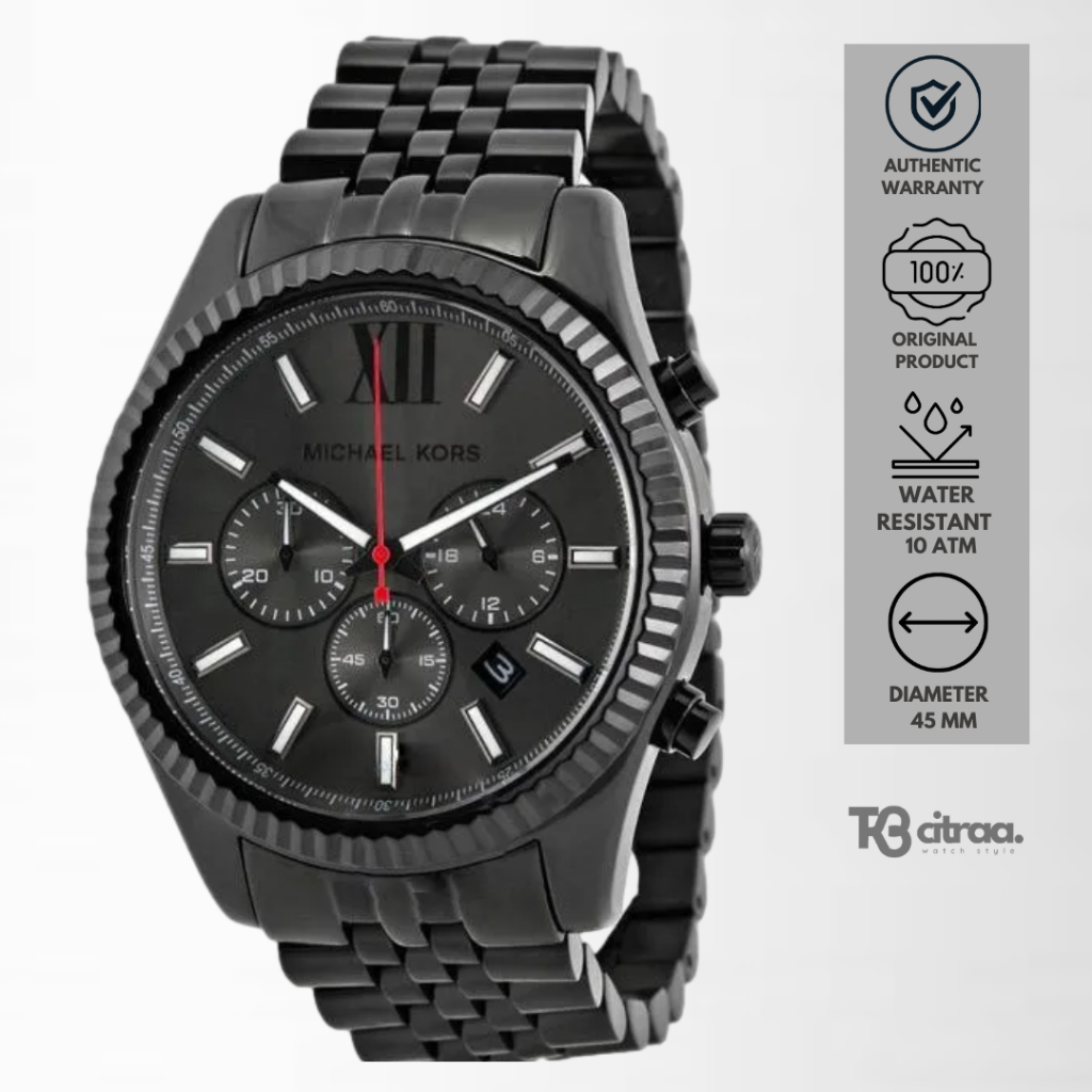 Jam Tangan fashion Pria Michael Kors analog strap rantai black Lexington Chronograph stainless steel