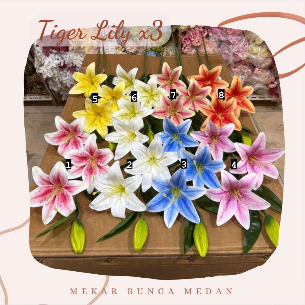(JB 34) - 8 Warna Bunga Artifisial Premium Tiger LATEX Lily Bunch x3 Kuntum Tangkai Panjang Dekorasi