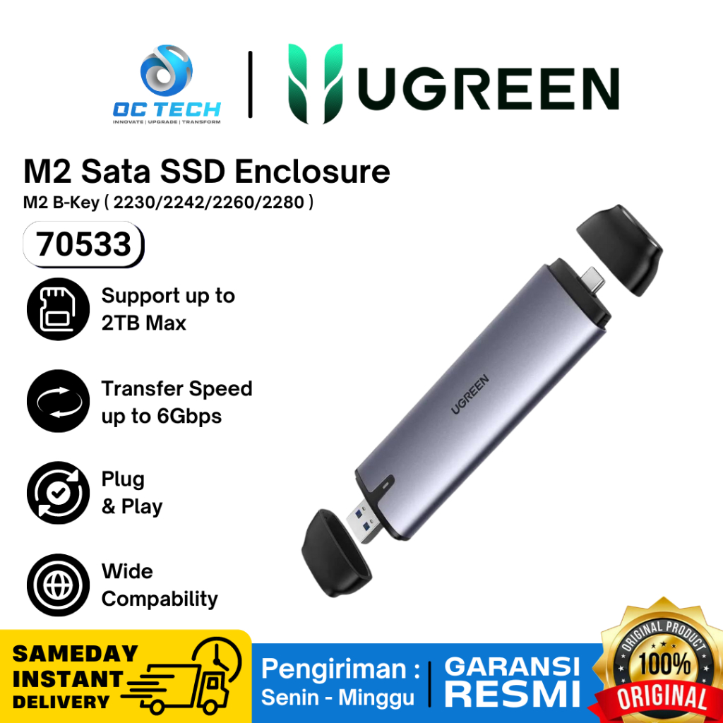 Ugreen 2 in1 SSD Enclosure M2 SATA B key to USB Type C USB A Casing SSD Ugreen 70533 Original