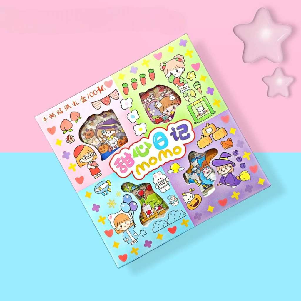 [CT] Stiker MOMO Kawaii Gift Box 100 Pcs – Cute Cartoon Sticker Set – Lucu Estetik Buku Stiker Anak