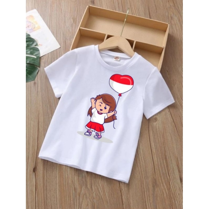 Kaos atasan anak kemerdekaan Indonesia merah putih HUT RI ukuran 1-10 tahun gambar cewek bendera lov