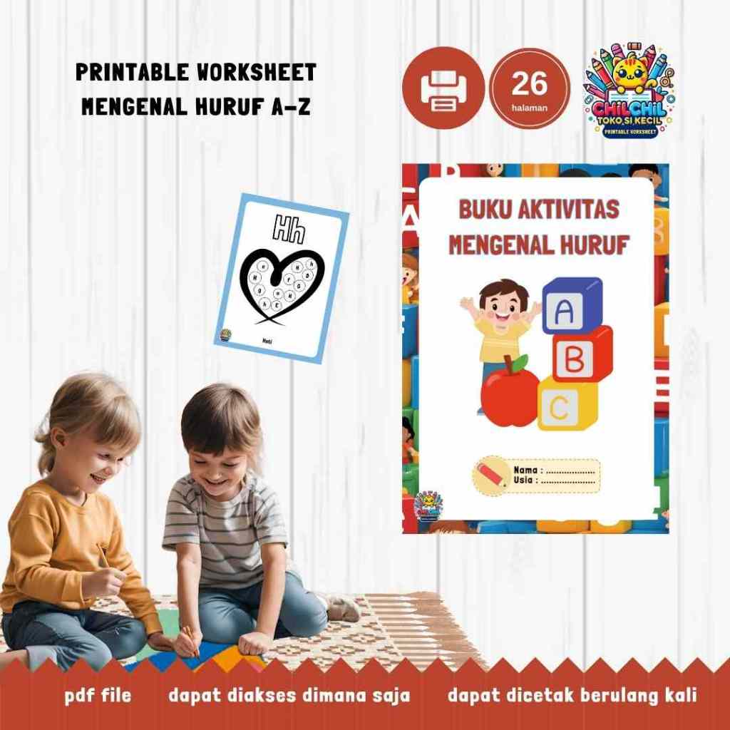 Mengenal huruf A-Z PDF Printable worksheet aktivitas anak 3 tahun keatas