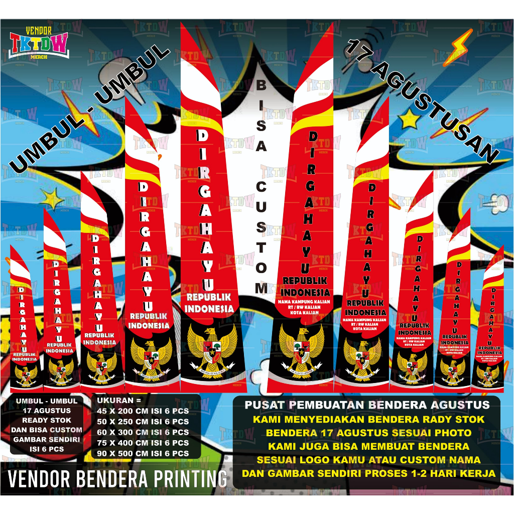 BENDERA UMBUL UMBUL MERAH PUTIH 17 AGUSTUSAN ( BISA CUSTOM ) ISI 6 PCS