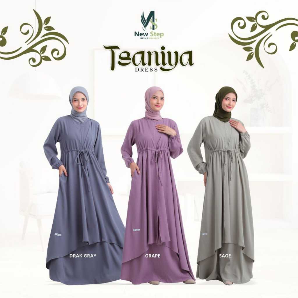 TSANIYA DRESS ORIGINAL BY NEW STEP GAMIS WANITA DEWASA REMAJA MUSLIM MUSLIMAH MOTIF POLOS BAHAN KATU