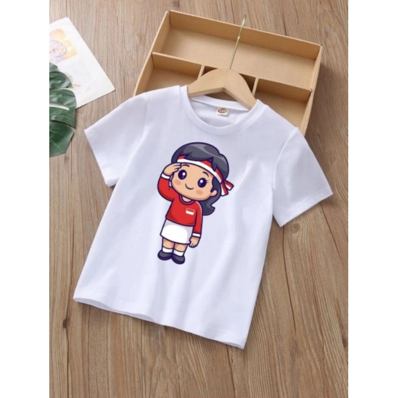 Kaos atasan anak kemerdekaan Indonesia merah putih HUT RI ukuran 1-10 tahun gambar cewek hormat bend