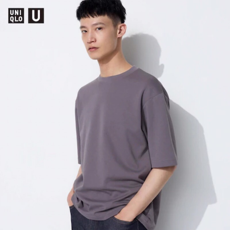 UNIQLO U Men AIRism T-Shirt Kaos Pria Katun Oversized Lengan 1/2 Purple