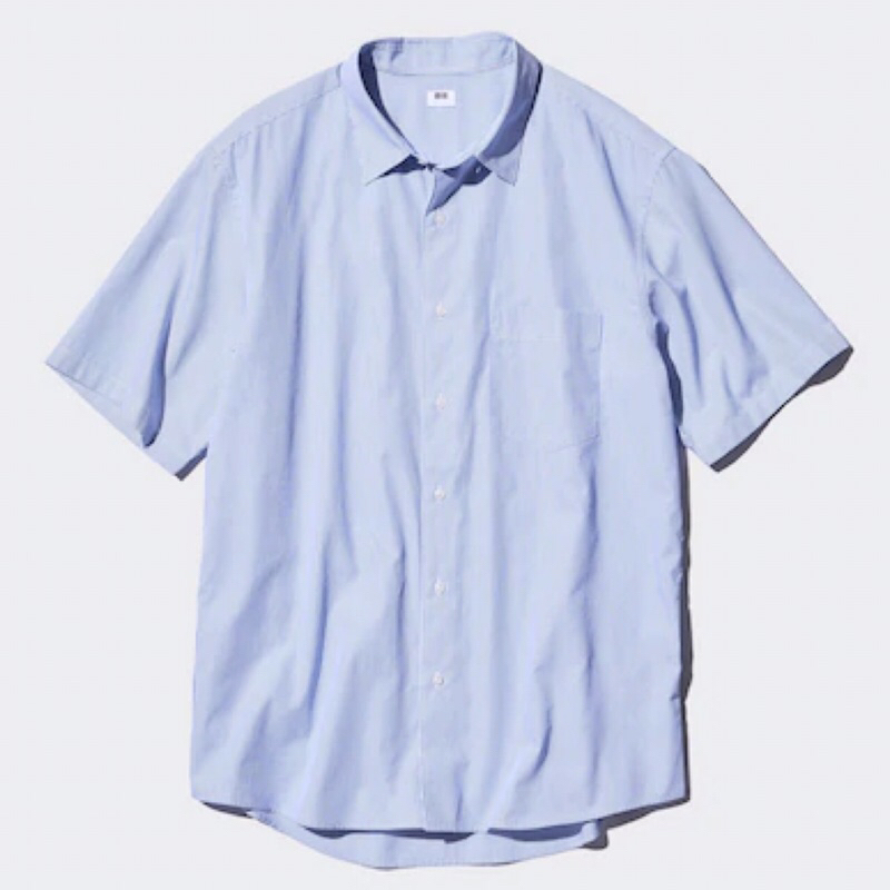 UNIQLO Men Shirt Kemeja Pria Broadcloth Garis Lengan Pendek Blue