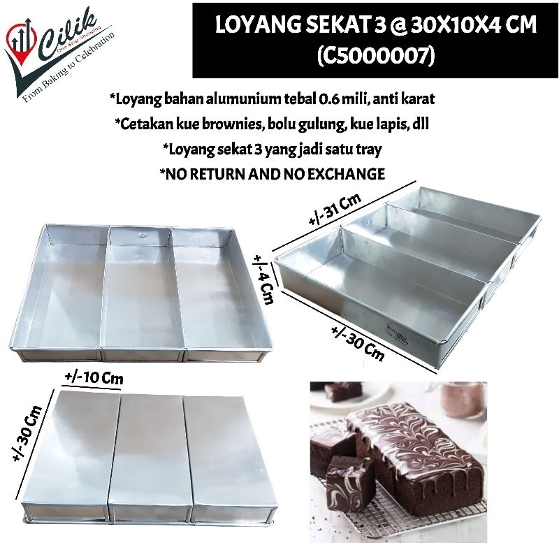 loyang mold cetakan sekat 3 tray 22x10 cm 30x10 cm brownies kue bolu cake surabaya lapis oven kukus 