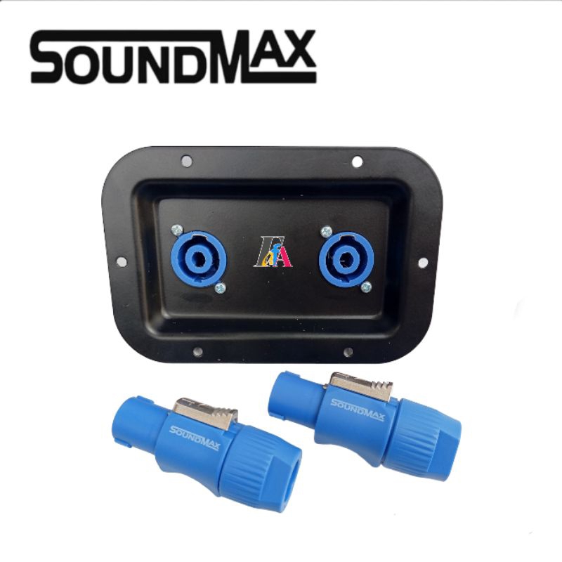 Panel Plat Spikon Besi + 2 Jack Spikon Soundmax Biru + 2 Soket Spikon Soundmax Biru