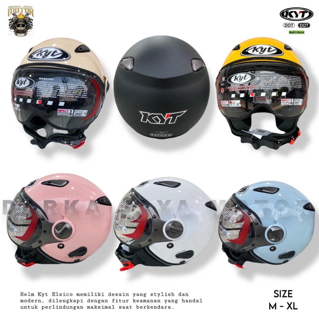 Helm KYT Elsico Half Face Kaca Pilot Original SNI – Helm Motor Nyaman Pria Wanita All Warna