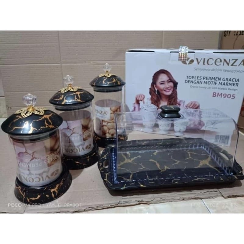 PAKET VICENZA Toples kaca dan wadah kue motif marmer