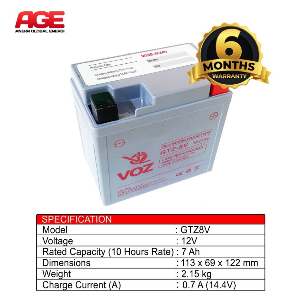 VOZ AKI MOTOR 12V 7 Ah GTZ8V - BATERAI AKI MOTOR - Garansi