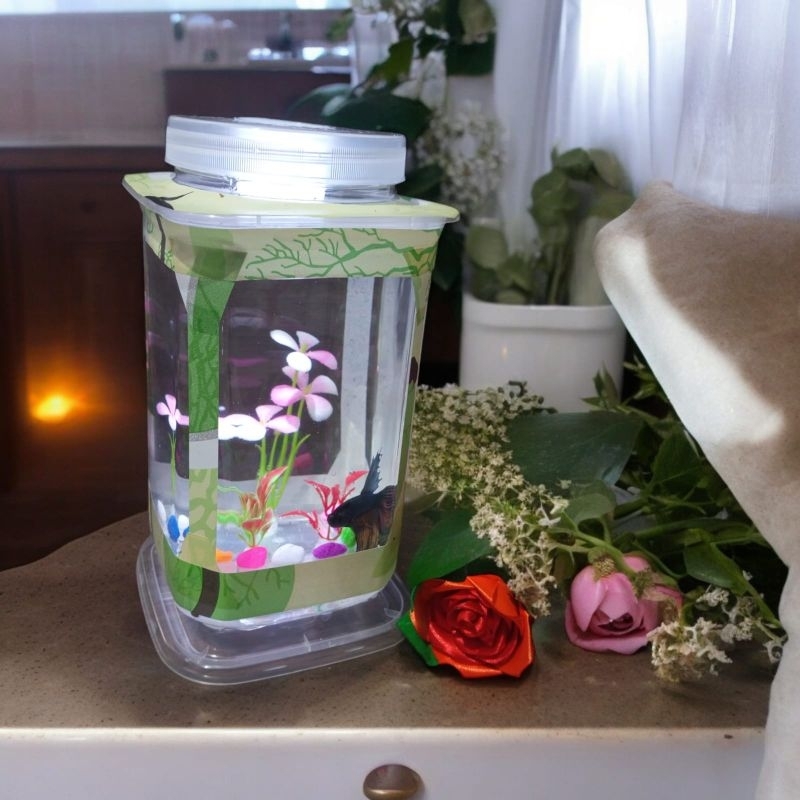 Aquarium Mini Ikan Cupang Guppy Hias Bentuk Kotak Persegi Lengkap Dengan Lampu Dan Dekorasi Di Dalam