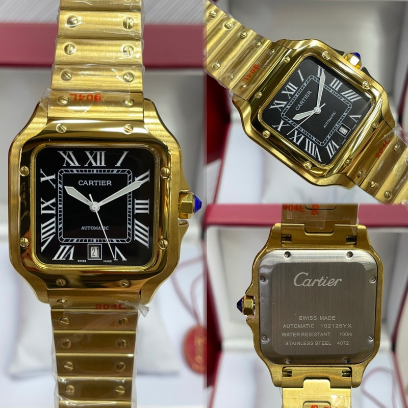 JAM TANGAN PRIA CARTIER SANTOS 40mm CHAIN GOLD BLACK AUTOMATIC JAPAN AAA TANGGAL AKTIV #Jamtanganpri