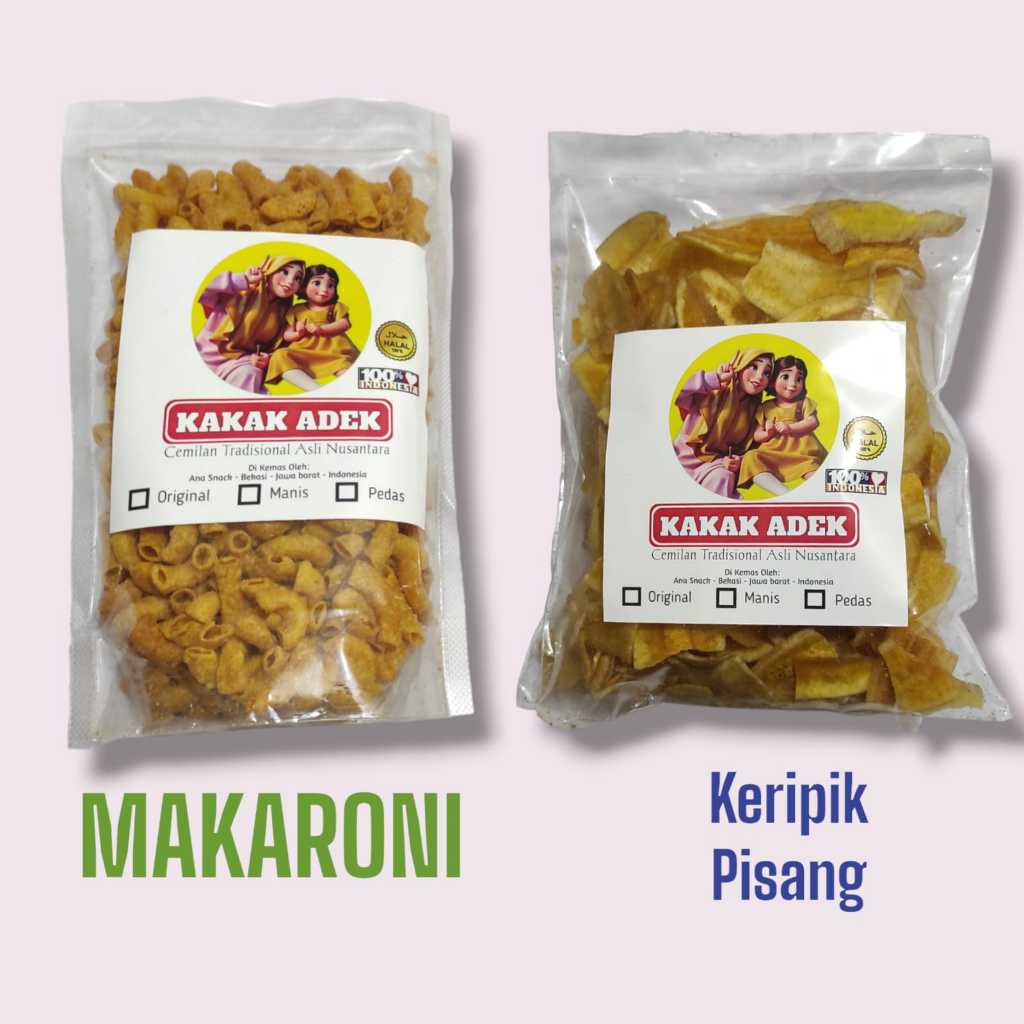 

Cemilan Enak - Makaroni 120gr / Keripik Pisang200gr - Cemilan Produksi Kakak/Adek
