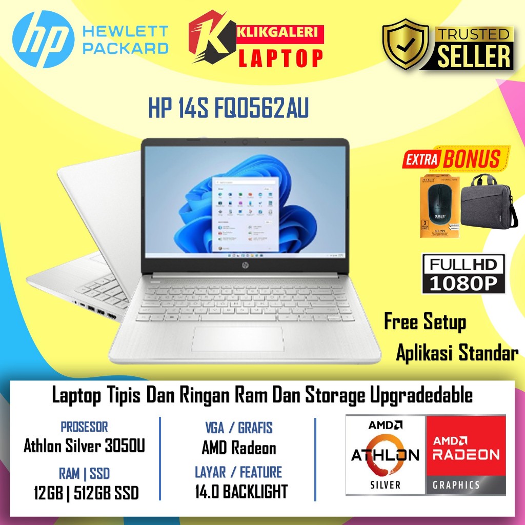 Laptop HP 14S FQ0562AU AMD ATHLON 3050U Ram 8GB 512GB SSD 14 inch Backlight Windows 11