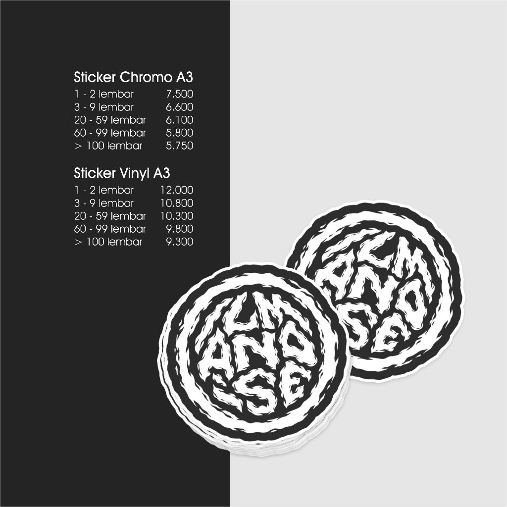 

stiker kertas / stiker plastik / stiker chromo / stiker vinyl ukuran A3