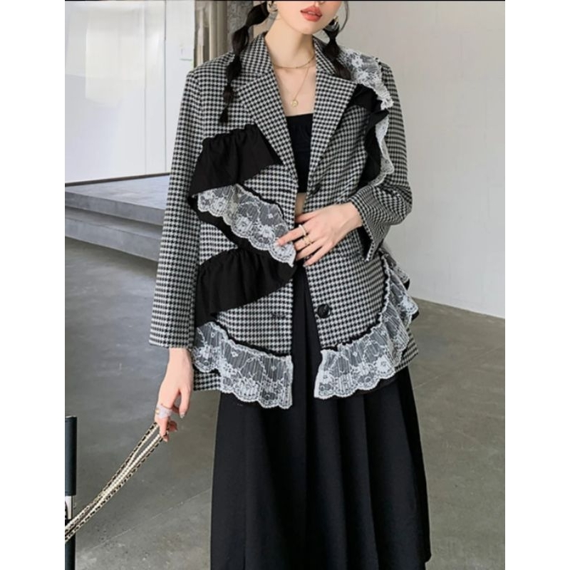 CELEBRE STAR Hyeru Blazer Atasan Wanita Premium Motif Kotak Mix Renda Korean Style Jumbo Big Size